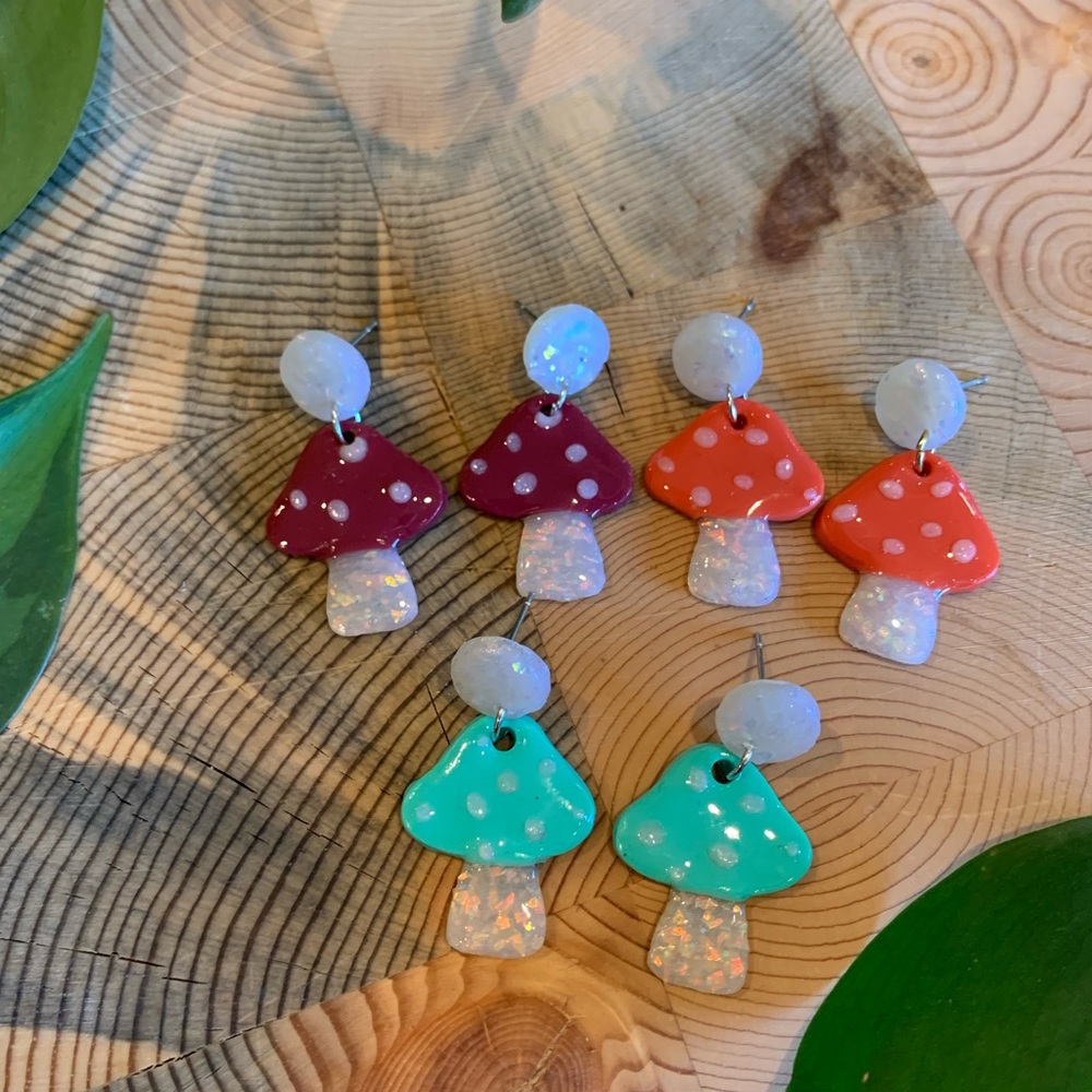 Coral- Funky Sparkle Mushroom Earrings